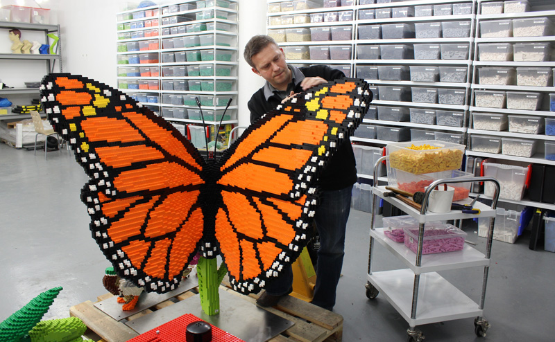 A man making a giant monarch butterfly out of LEGO.